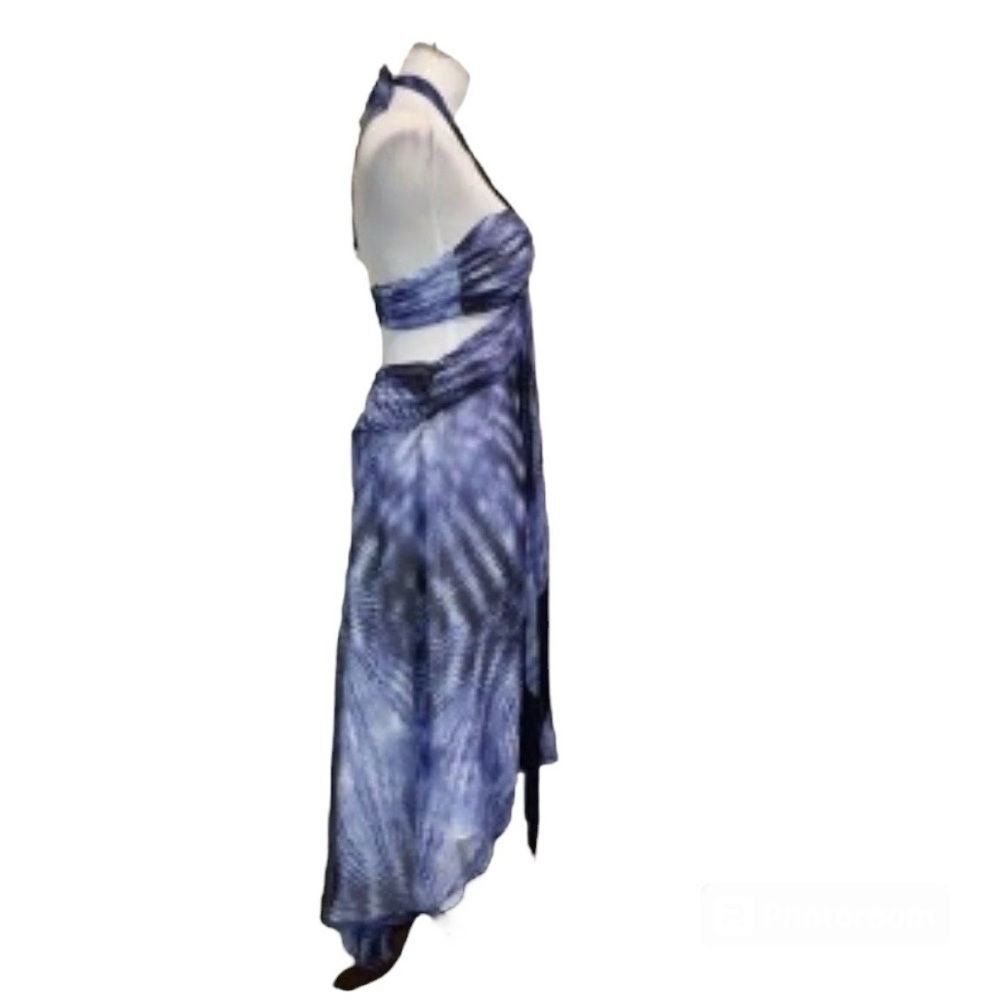 Bebe Bohemian Luxe Tie Dye Fringe Crochet Cut Out High Low Dress Blue Black Boho - Picture 5 of 16